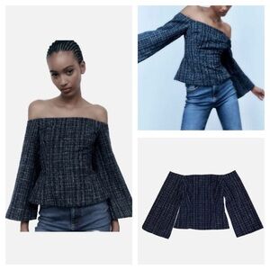NWT ZARA Tweed Textured Off Shoulder Top Flare Long Sleeves size S